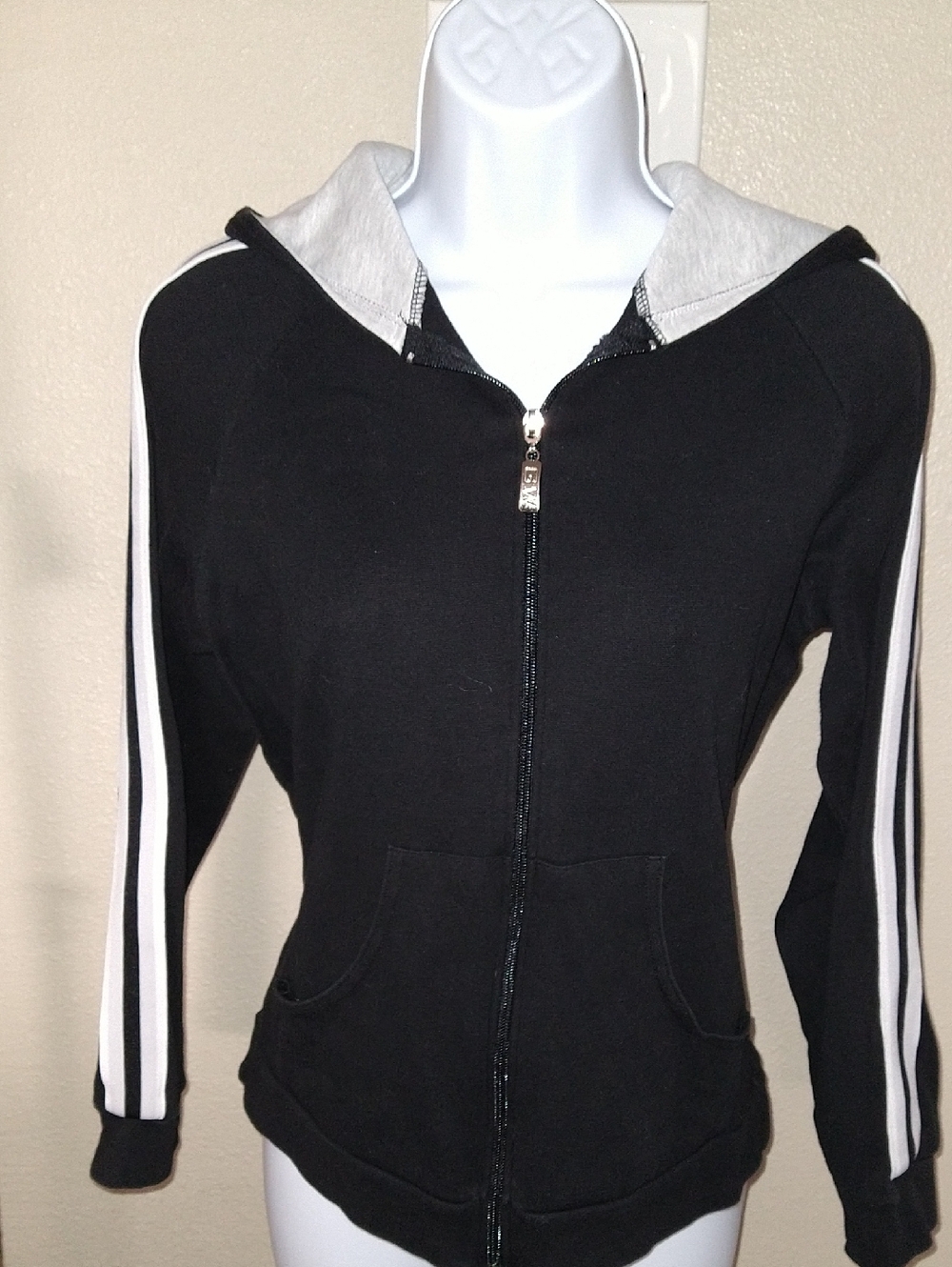 Women's Black Hooded Varsity Zip Jacket with White Stripe